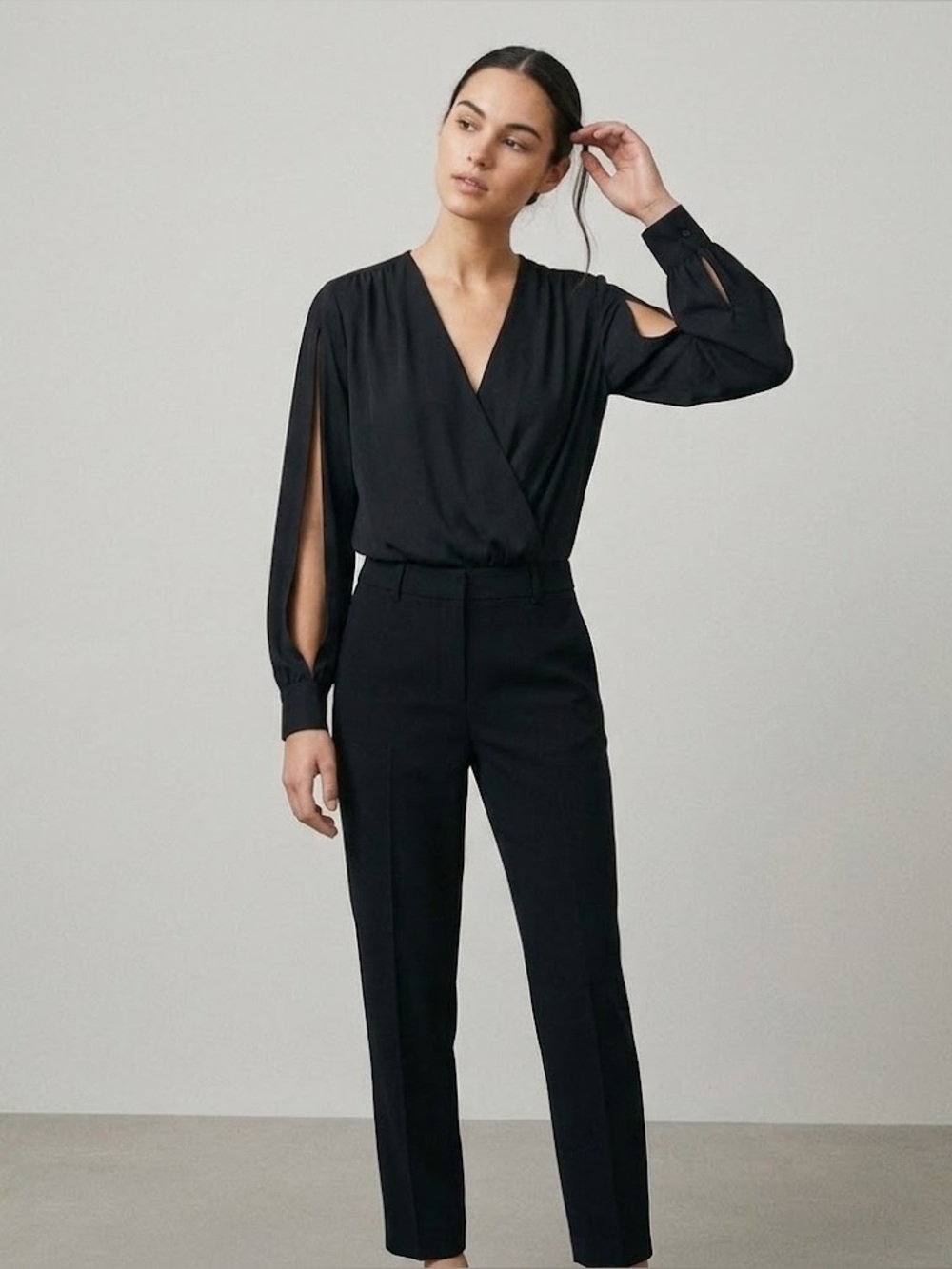 NWT EVNL Black Surplice Bodysuit with Long Open Sleeves Size Large V-neck